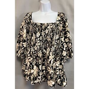 Ava & Viv Floral Square Neck Half 3/4 Sleeve Black & Yellow Blouse‎ 3X